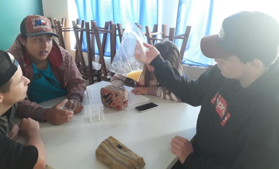 Alunos da 1ª Série, do Colégio Est. de Ed. Profissional Arlindo Ribeiro (Agrícola), em aula laboratorial sobre a estrutura e função dos ácidos nucléicos.