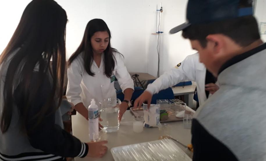 Alunos da 1ª Série, do Colégio Est. de Ed. Profissional Arlindo Ribeiro (Agrícola), em aula laboratorial sobre a estrutura e função dos ácidos nucléicos.